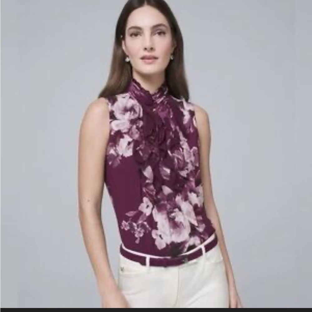 White House Black Market Purple Floral Ruffle Sleeveless Top Women’s 4